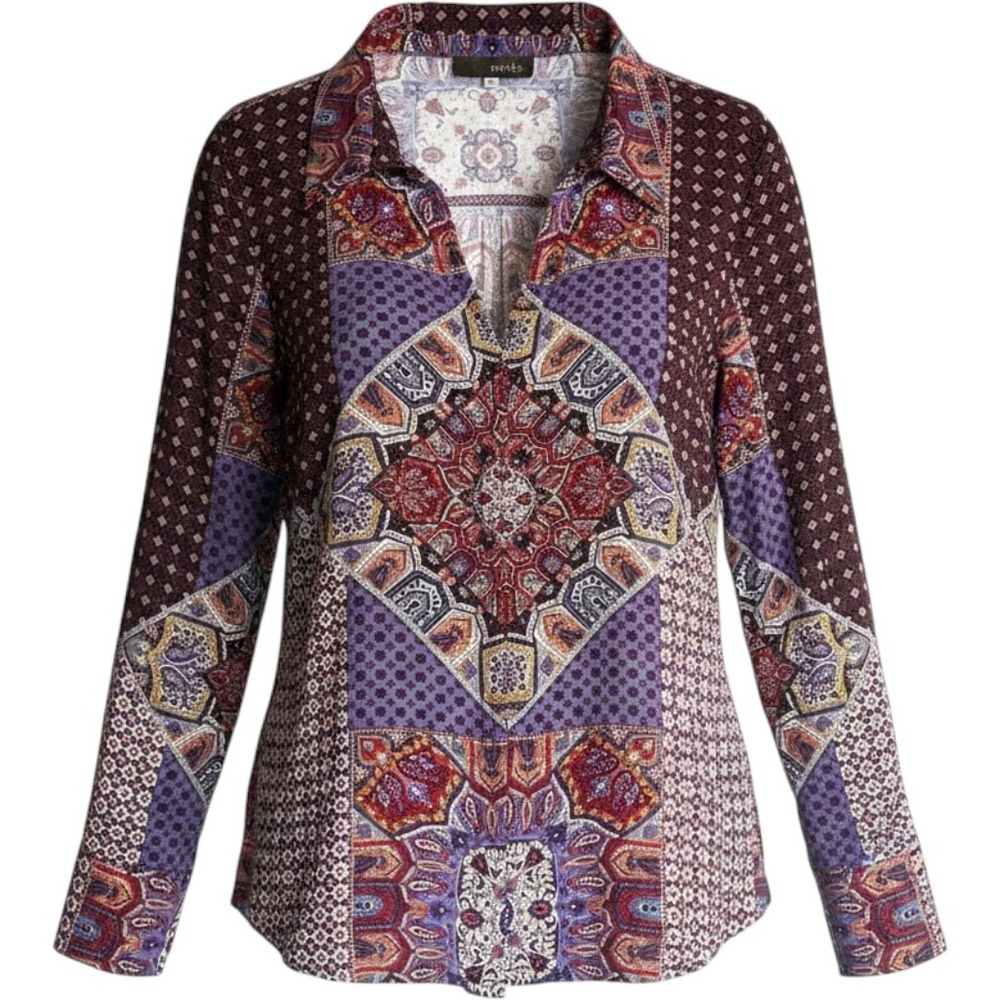 Crosby The Shirt Medallion Mix Print Top Womens L M Boho Chic Button Art to Wear